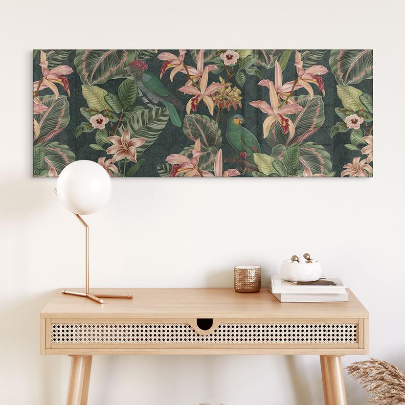 Stampa su vetro acrilico Jungle con pappagalli verde notte - Bloomery Decor - Panorama