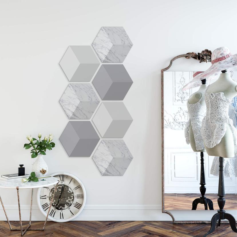 3D Hexagon Alu-Dibond sæt - Lys marmor (sæt med 7)