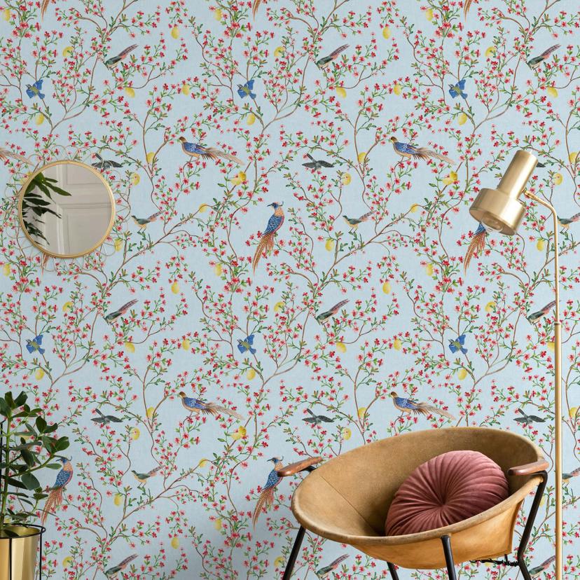 Ikke-vævet tapet fugle, blomster blomster natur mat i blå