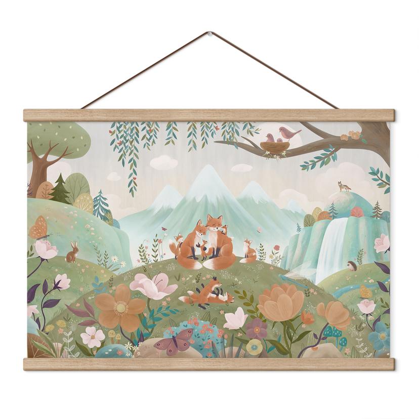 Kinderkamer Textielposter Vossenfamilie op de bloemenweide - Oliver Robins