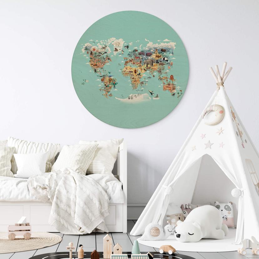 Holzbild Kinderzimmer - World Map - Braun - Rund