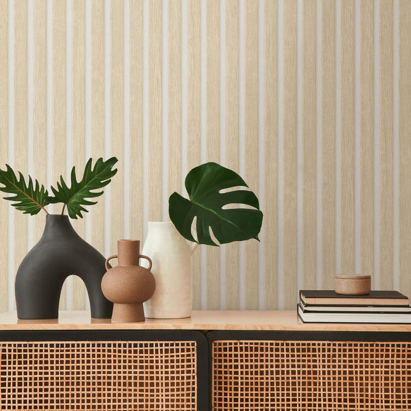 Papel pintado panel madera beige blanco no tejido moderno aspecto madera