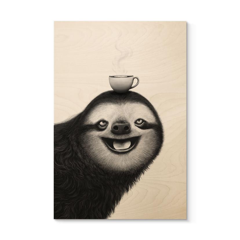 Tableau sur bois Paresseux joyeux avec café - Korenkova