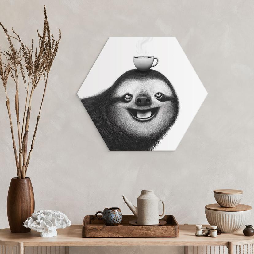 Hexagon Wanddecoratie Vrolijke Luiaard met Koffie - Korenkova - Alu-Dibond