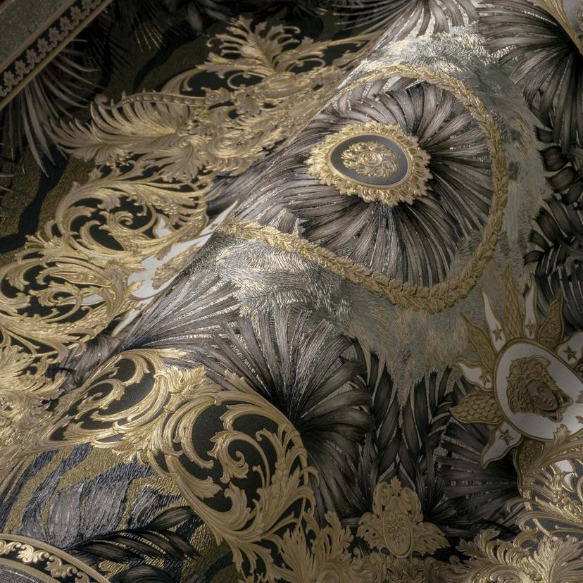 Carta da parati Versace in tessuto non tessuto marrone e oro con design giungla carta da parati test