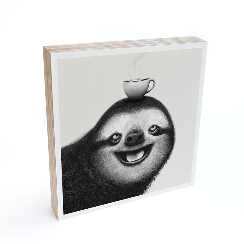 Tableau sur bois à poser - Paresseux joyeux avec café - Korenkova - 15x15 cm