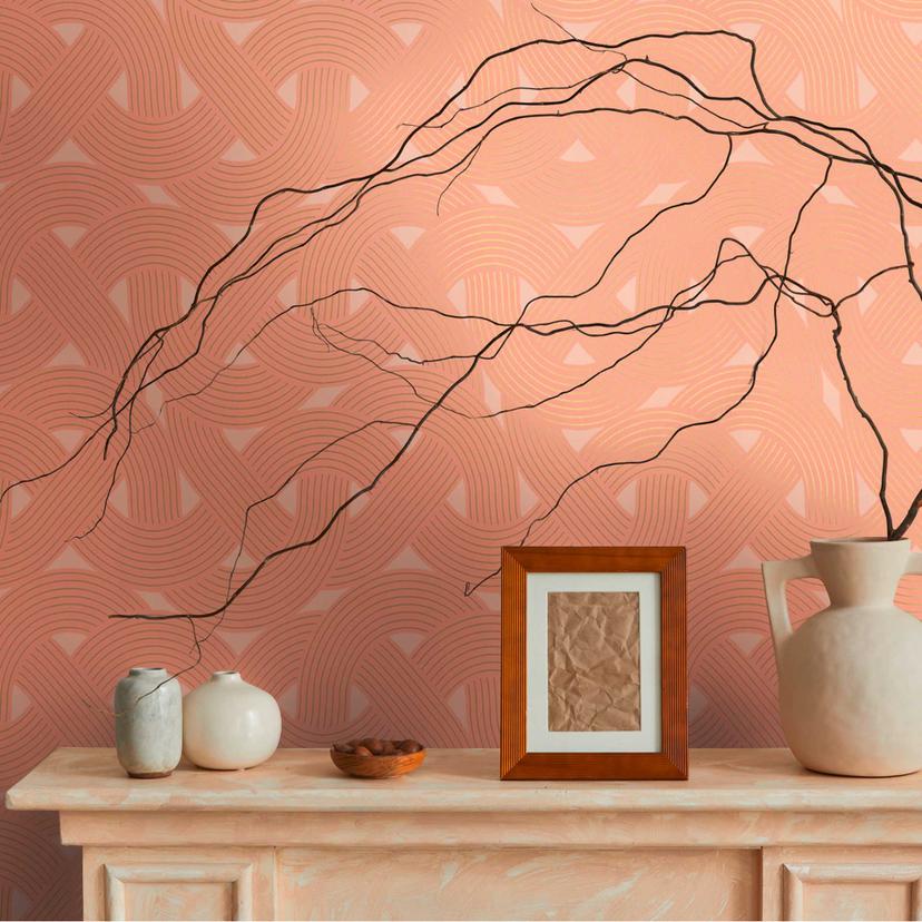 Art deco-tapet orangebrunt - grafisk tapet med stregmønster