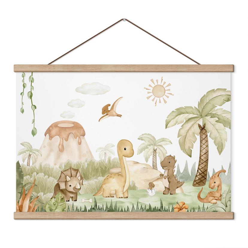 Kinderkamer Textielposter Kleine dino's op grote ontdekkingsreis - Oliver Robins