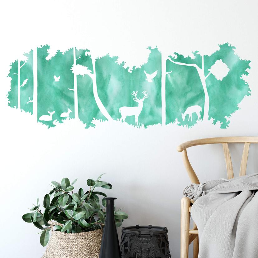 Wandtattoo Waldsilhouette Panorama Watercolor - Grün