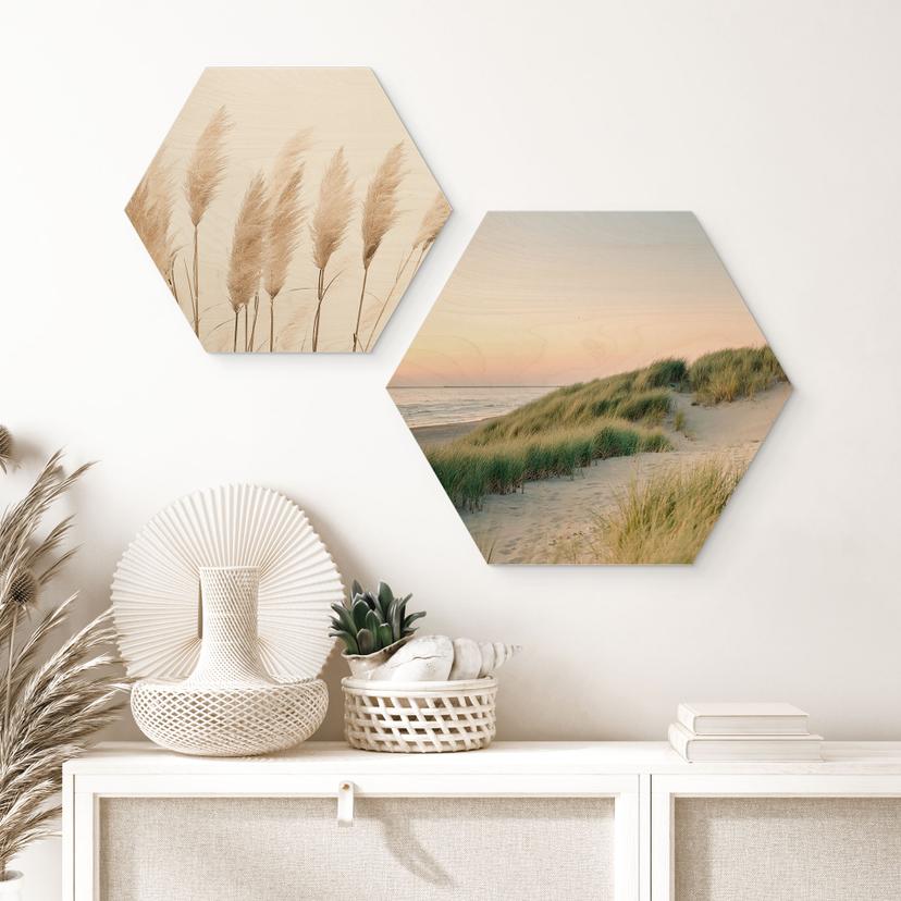 Hexagon Holzbild Dünen an der holländischen Küste - Zwart
