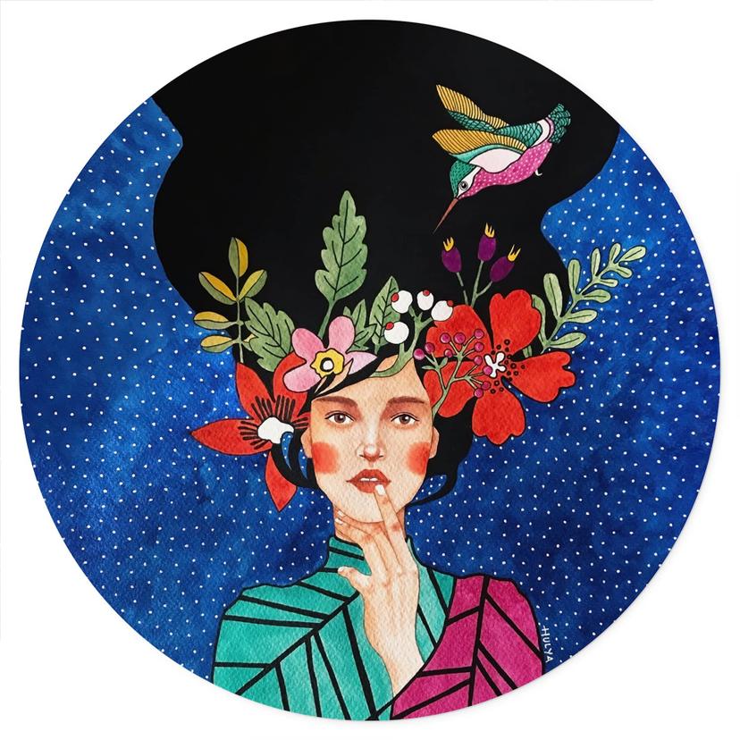 Adesivo murale Donna con colibrì nella notte stellata - Hülya - Rotondo