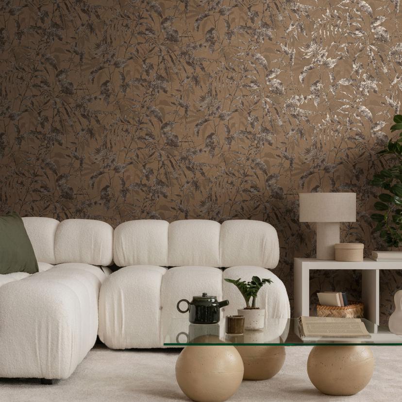 Papel pintado vegetal rosa marron - diseño de la naturaleza en estilo vintage - Papel pintado no tejido