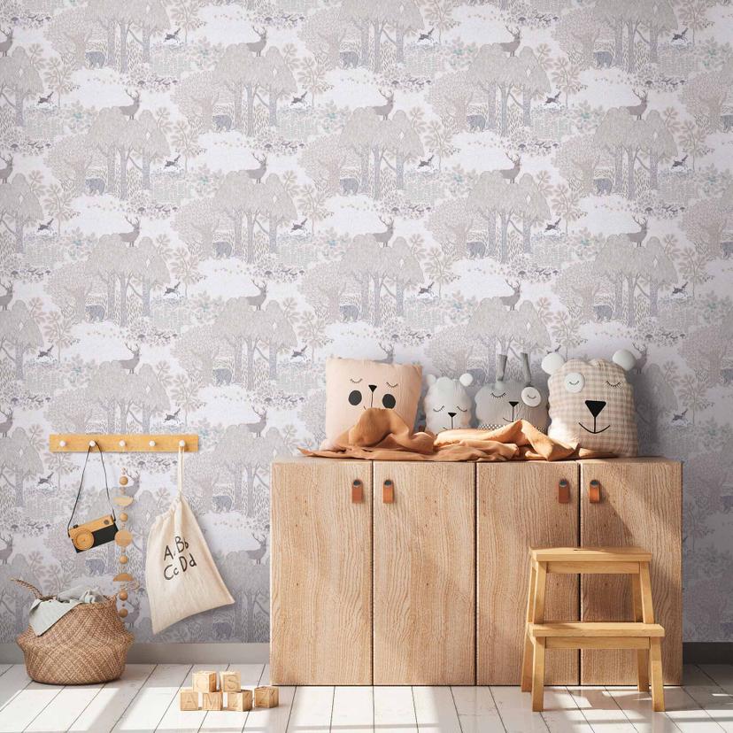 Papel pintado bosque con animales beige gris - papel pintado infantil con oso y ciervo