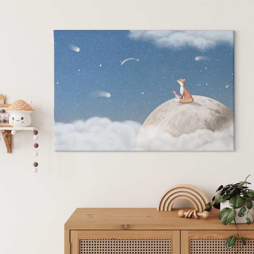Canvas Vos op de maan met vallende sterren - Oliver Robins