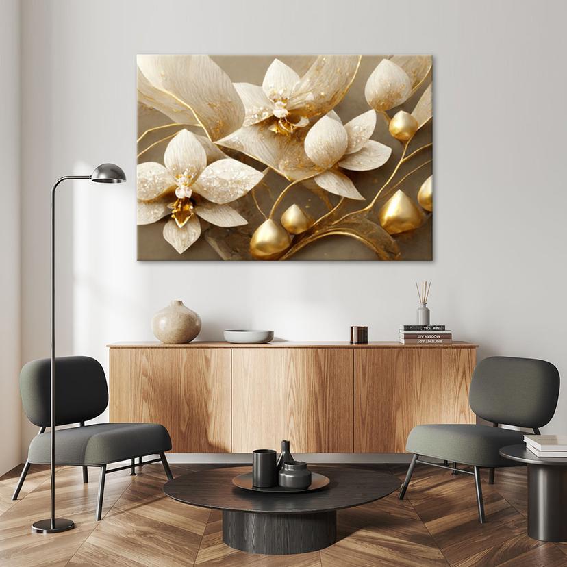Leinwandbild 3D Blumen glamourös gold
