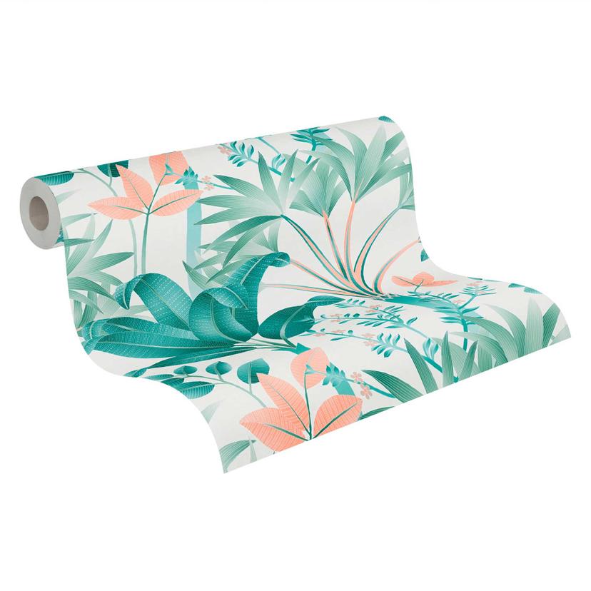 Papel pintado selva en estilo gráfico blanco verde - Papel pintado no tejido hojas de palmera