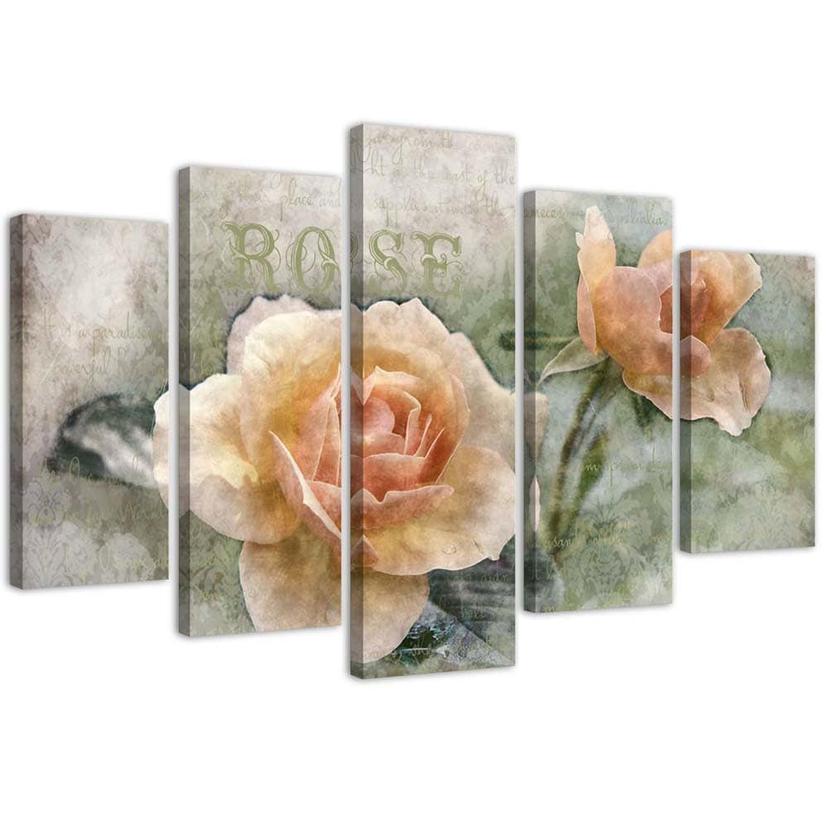 5 stykke lærredstryk, te rose blomster