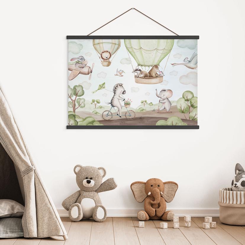 Chambre d'enfant Affiche textile Vol en montgolfière des amis animaux - Kvilis