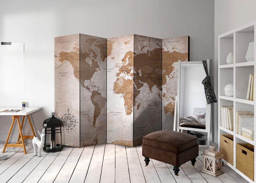 Divisorio per sala - Mappamondo - Viaggi orientali, 5 pezzi - 225x172 cm