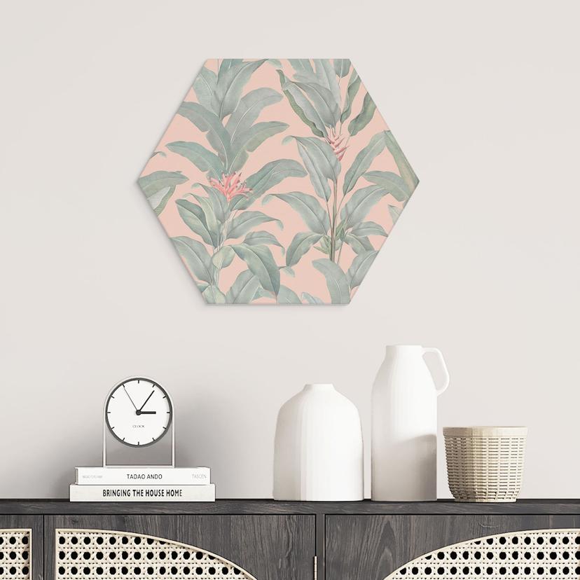 Stampe esagonali per pareti Urban Jungle Tropical Leaves Pink - Bloomery Decor - Alluminio Dibond