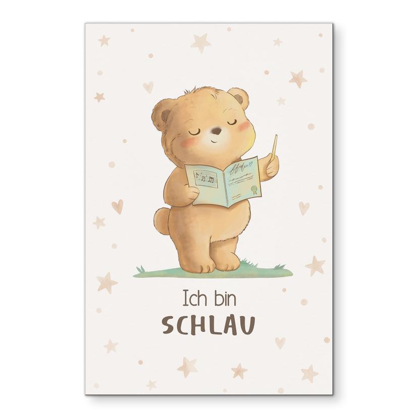 Alu-Dibond Wandbild mit lesendem Bär - Kraftsatz 'Ich bin schlau' für Kinder