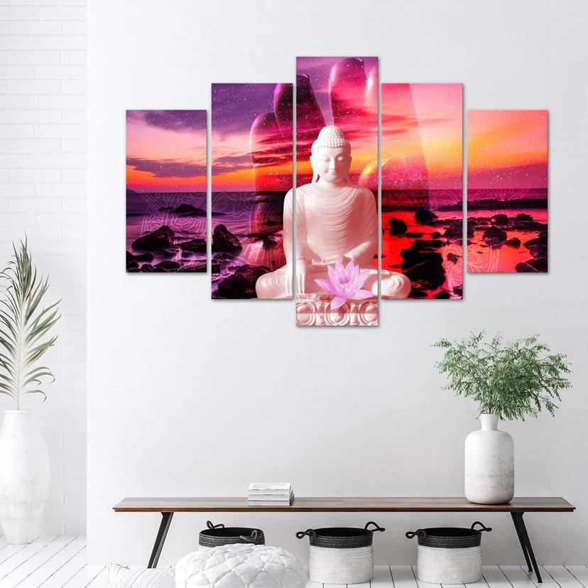 Stampa su tela 5 pezzi, Buddha al tramonto sul mare