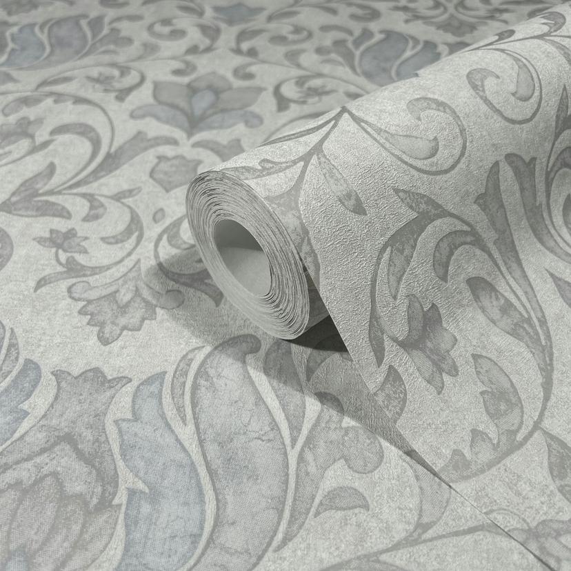 Vliestapete mit Blumen, Blätter ornamental glänzend grau, beige Floral