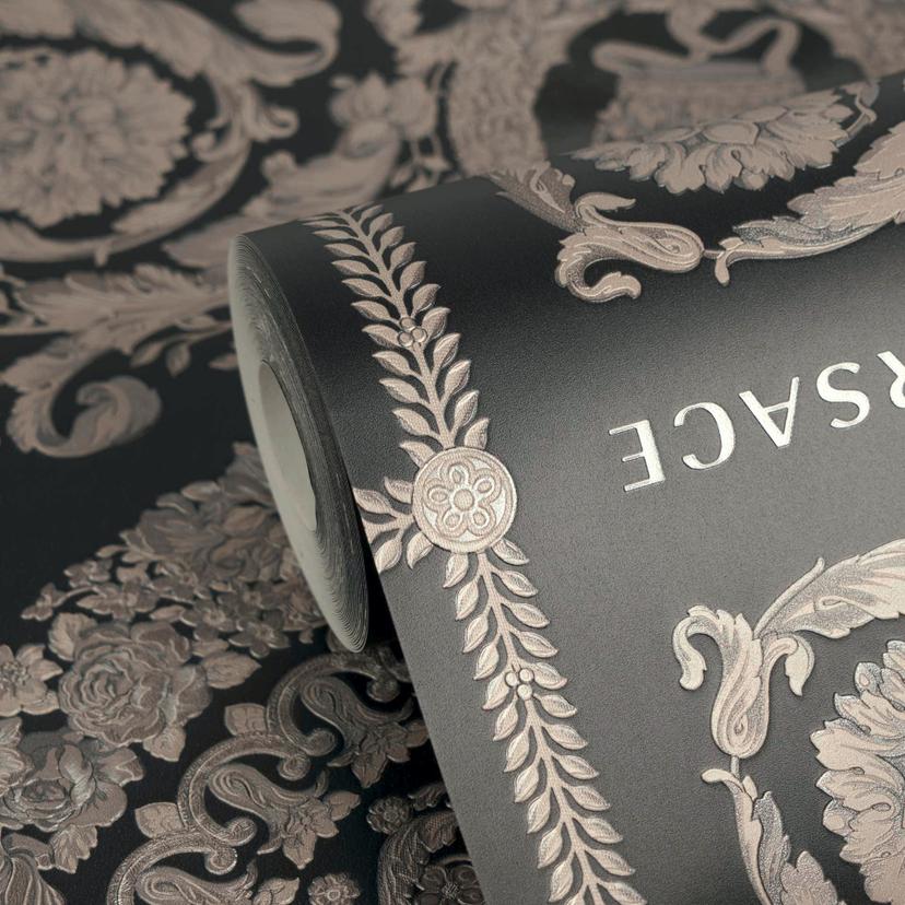 Carta da parati in tessuto non tessuto Versace Heritage Baroque Medallion Floral Nero Beige Grigio l