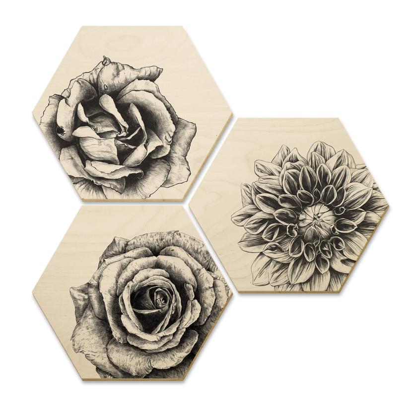 Hexagon Hout Kools - Flowers - 3-delige set