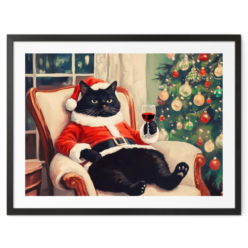 Humoristisk plakat Julekat med vin - Melloi Art Prints