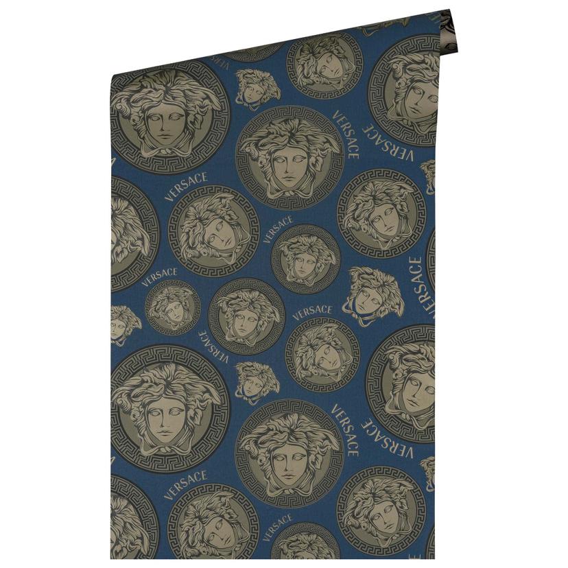 Carta da parati Versace in blu e beige Carta da parati di lusso in tessuto non tessuto testa di medu
