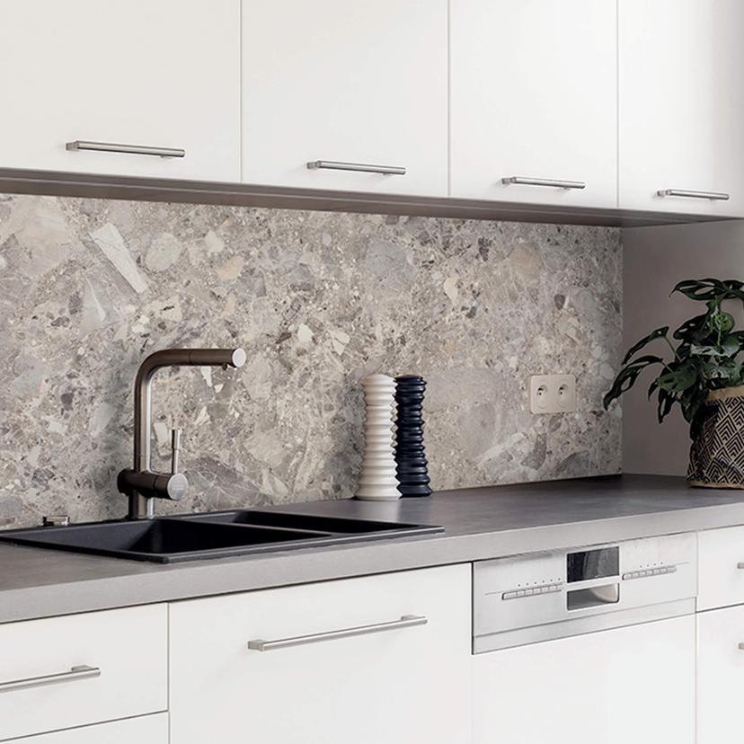 Küchenrückwand Spritzschutz Steinoptik Terrazzo Dunkel - Folie oder Aluverbund