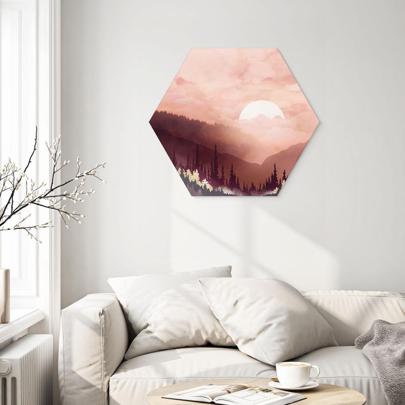 Esagono Alu-Dibond Tramonto rosa sulla foresta - SpaceFrog Designs