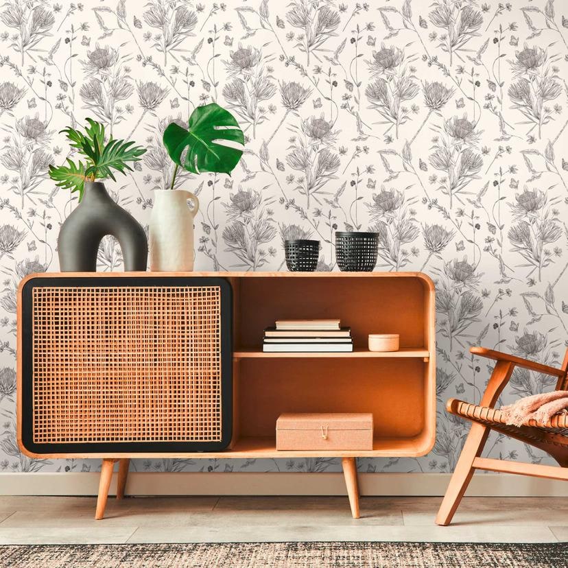 tapet med tegnede blomster hvid sort - non-woven tapet blomstermotiver med blomster