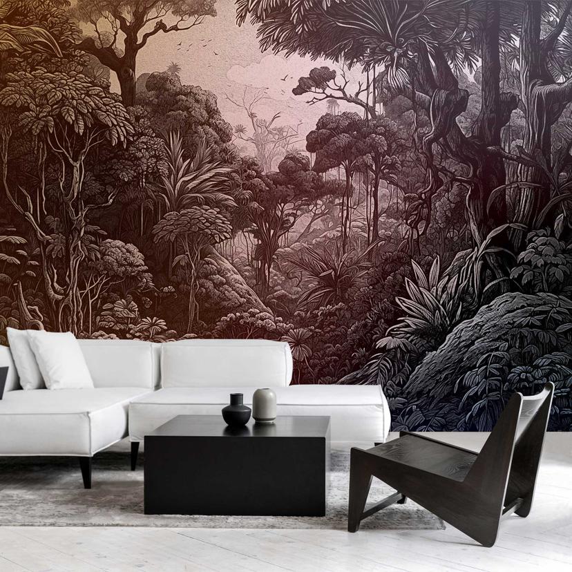 Sepiatonet jungletapet - detaljeret skovmotiv - non-woven