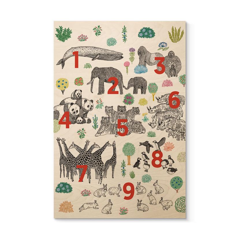 Cuadro de madera ilustración de animales del zoo con números - Walentynowicz