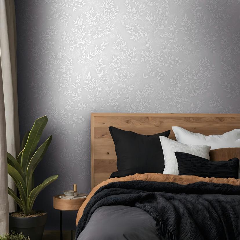 Vliestapete Blätter Floral Natur matt in Grau Weiß