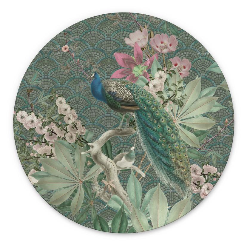 Billede af påfugl i tropisk have på mosaik - Bloomery Decor - rund – print på aluminium (Alu-Dibond)