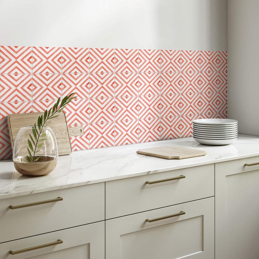 Stickers pour carrelage Watercolor - Carreaux diagonales - Corail - Set de 12