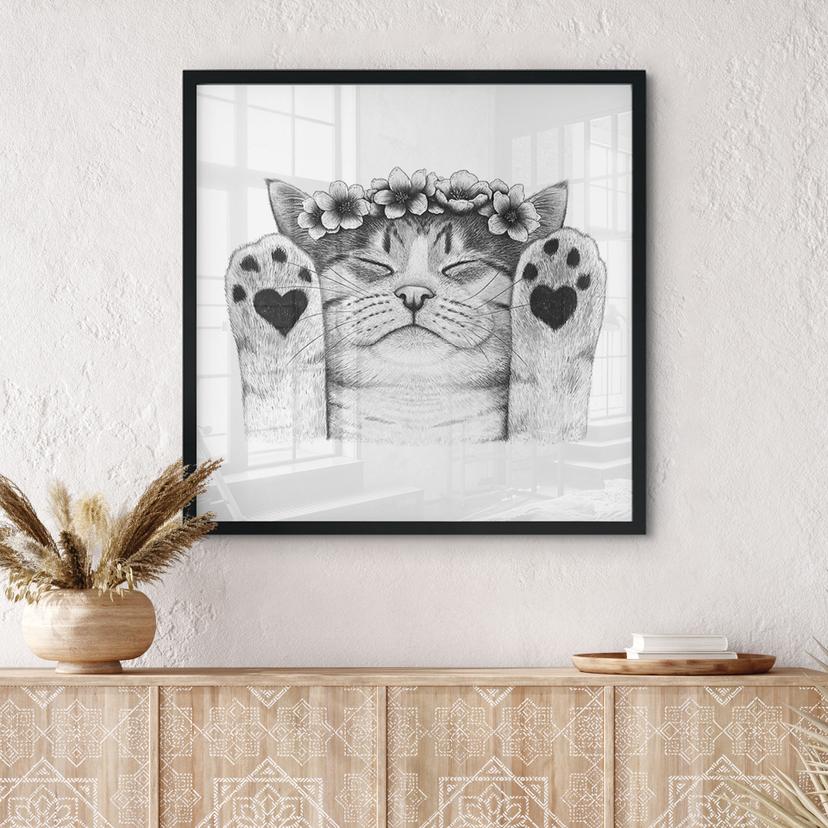 Poster Schattige kat met hart pootjes - Korenkova - Vierkant