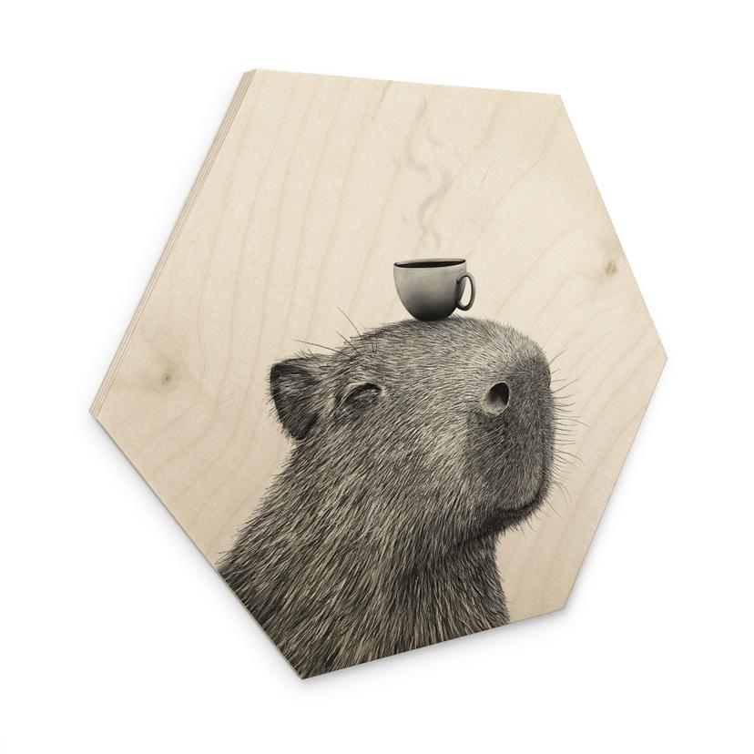 Tableau sur bois Hexagone Capybara Matin Café - Korenkova