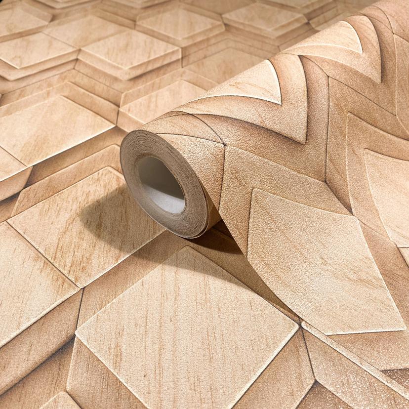 Papel pintado no tejido de color beige, marrón ilusión de rombos 3D aspecto moderno