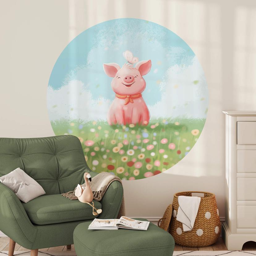 Vinilo decorativo tailandés - Cerdito feliz en el prado de verano - Redondo