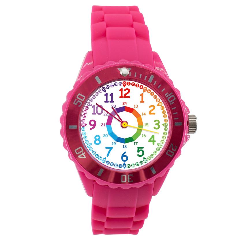 Kinder Armbanduhr - Lernuhr analog aus Silikon - Pink mit Regenbogen Zifferblatt