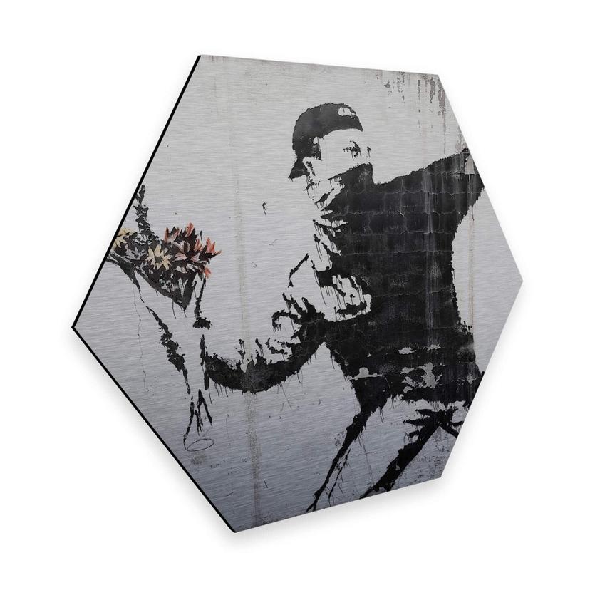 Hexagon - Alu-Dibond - Banksy - Flower Thrower - Sølveffekt