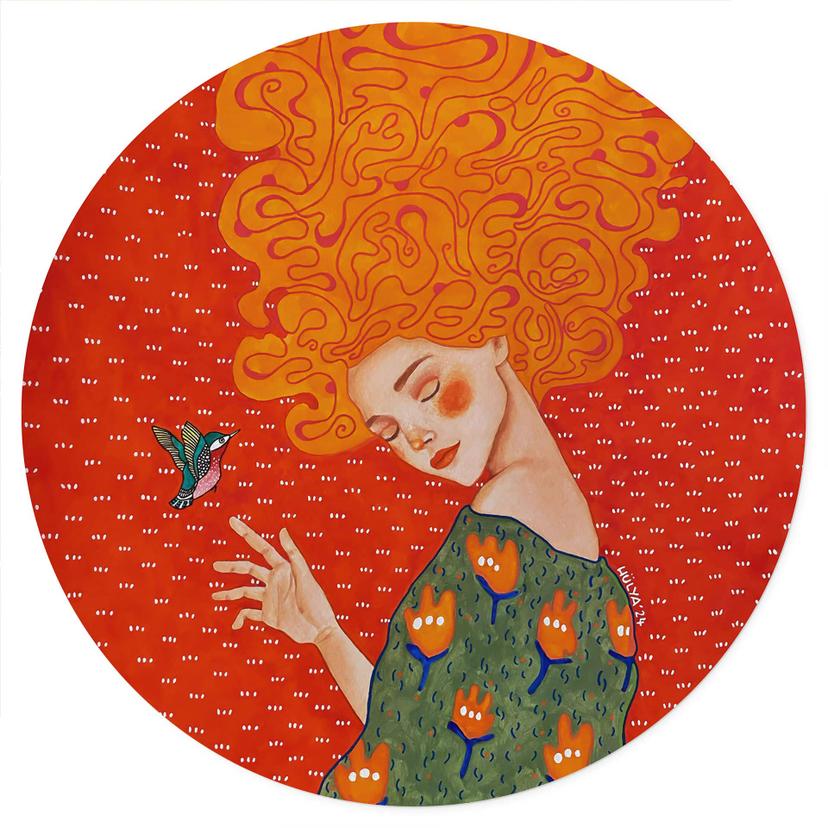 Adesivo murale con colibrì e donna in luce rossa - Hülya - Rotondo