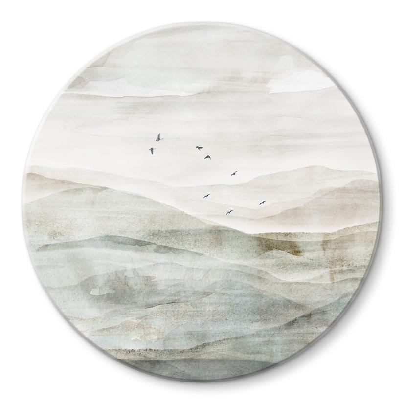 Glasschilderijen Mistig berglandschap aquarel - Ms Tiff - Rond