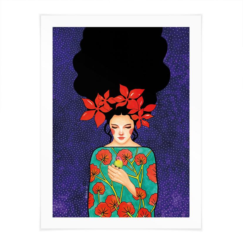 Poster Porträtt - Kvinna med röd blomkrona och fågel - Hülya