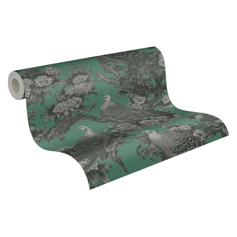 Papel pintado ave verde negro - Papel no tejido con pavos reales exóticos y Muestras florales
