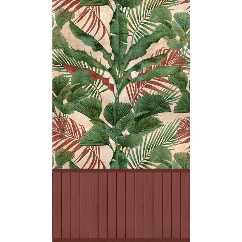 Carta da parati verde giungla con pannello in legno rosso beige - Carta da parati tropicale in tessu